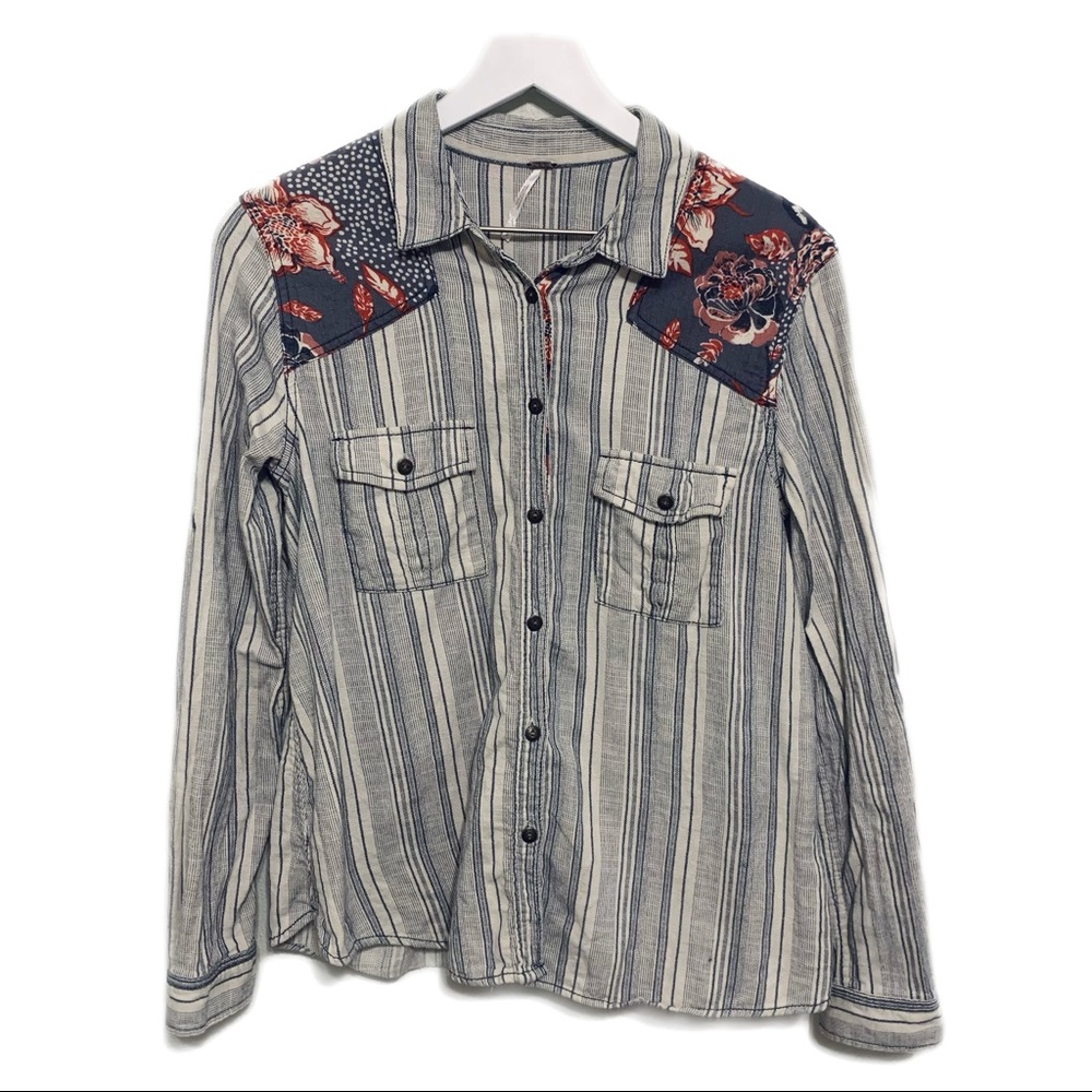 Free People Top Striped Floral Button Up Women's Small Petite Boho Fall